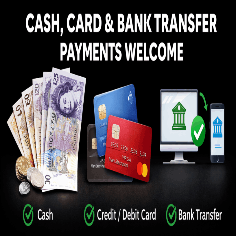 Accepted payment methods including cash, credit card, bank transfer, Apple Pay, and Google Pay.