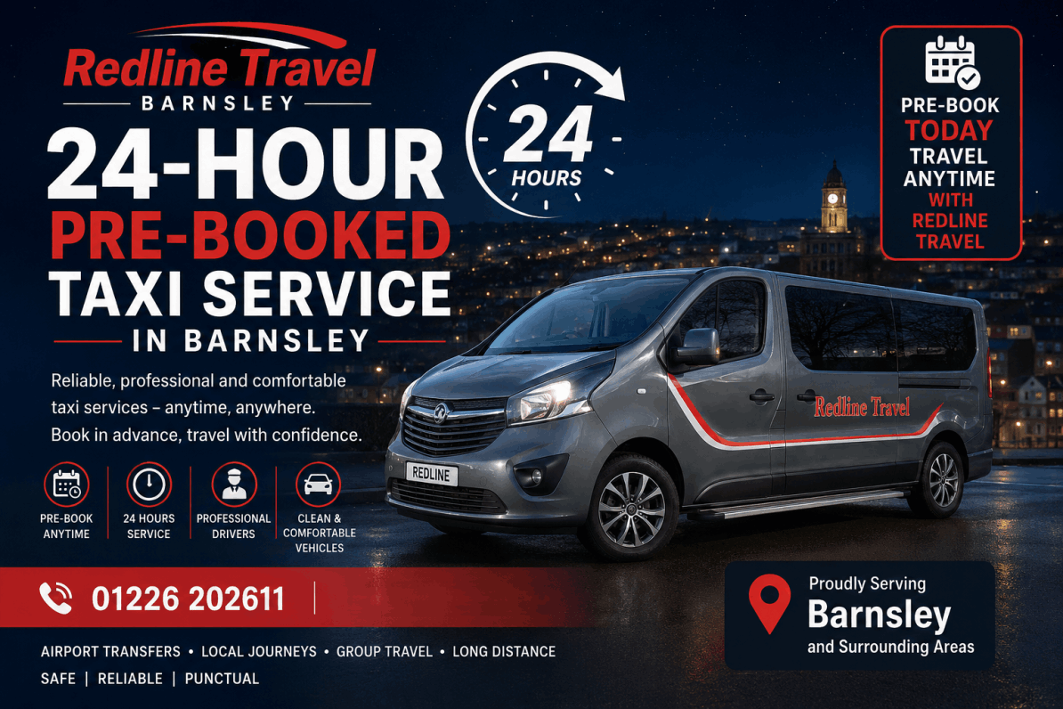 Redline Travel Barnsley 8-seater minibus providing 24-hour pre-booked taxi journeys, airport transfers and private hire across Barnsley.
