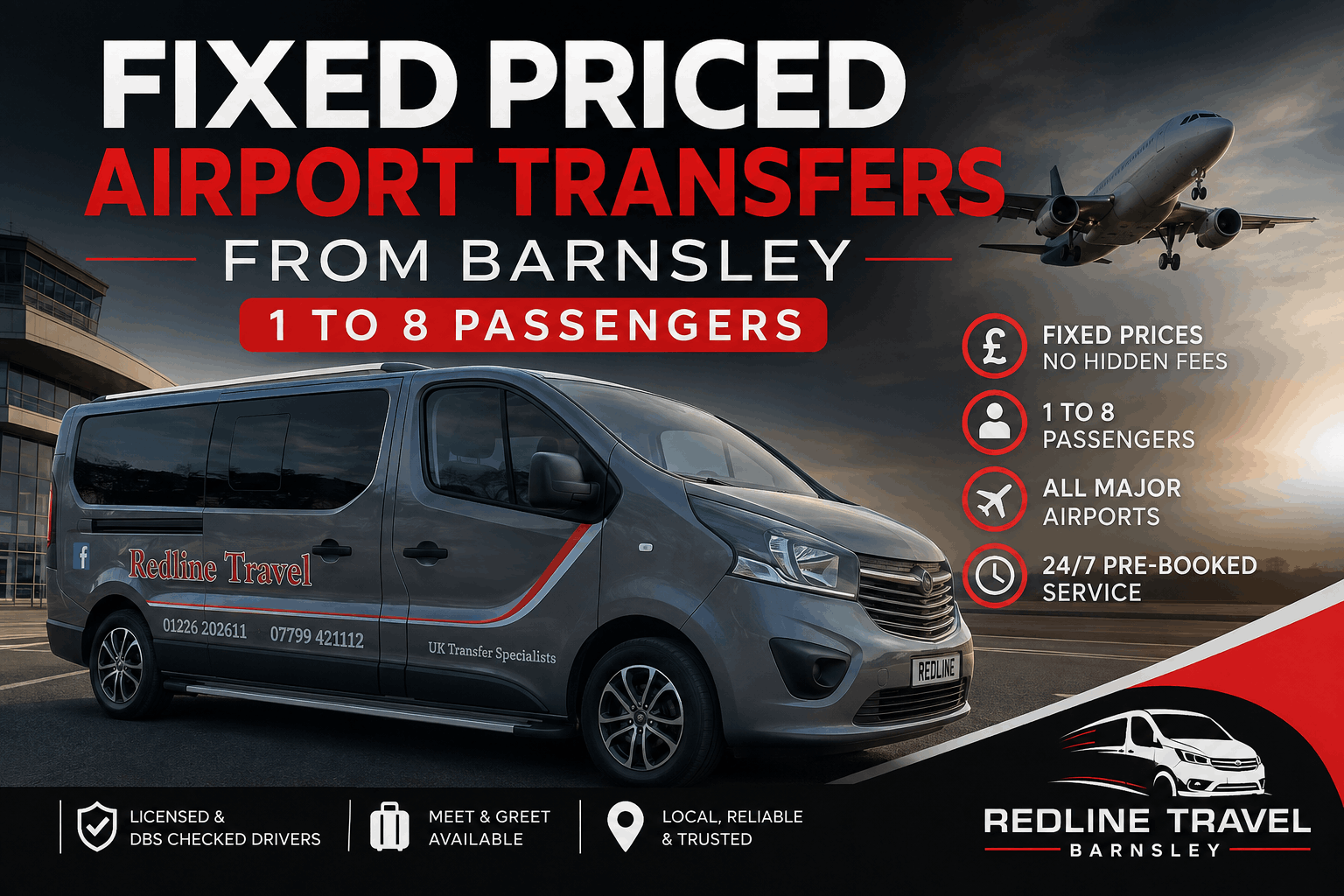 1 to 8 passengers fixed priced airport transfers from Barnsley